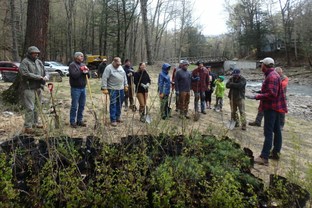 A group of volunteers gather to plant trees along a river in New York.