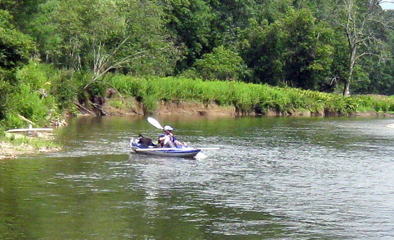 A biologist paddles an inflatable kayak on the Battenkill River.