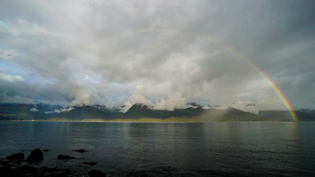 A rainbow over Caines Head State Park, Alaska. 