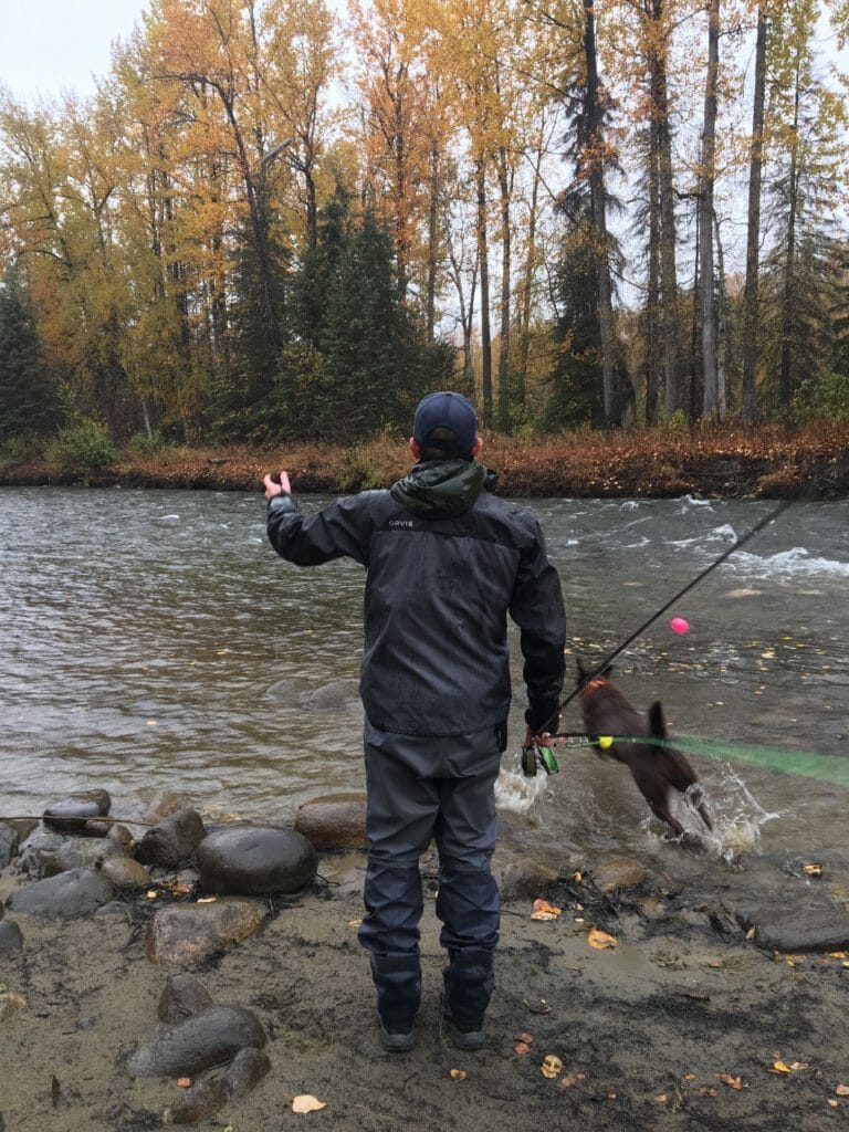 A man stands along an Alaskan river in the fall. 