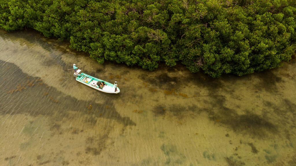 aerial view of boat Flats fly Fishing Belize For Bonefish