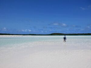 An angler walking across a Bahamian flat.