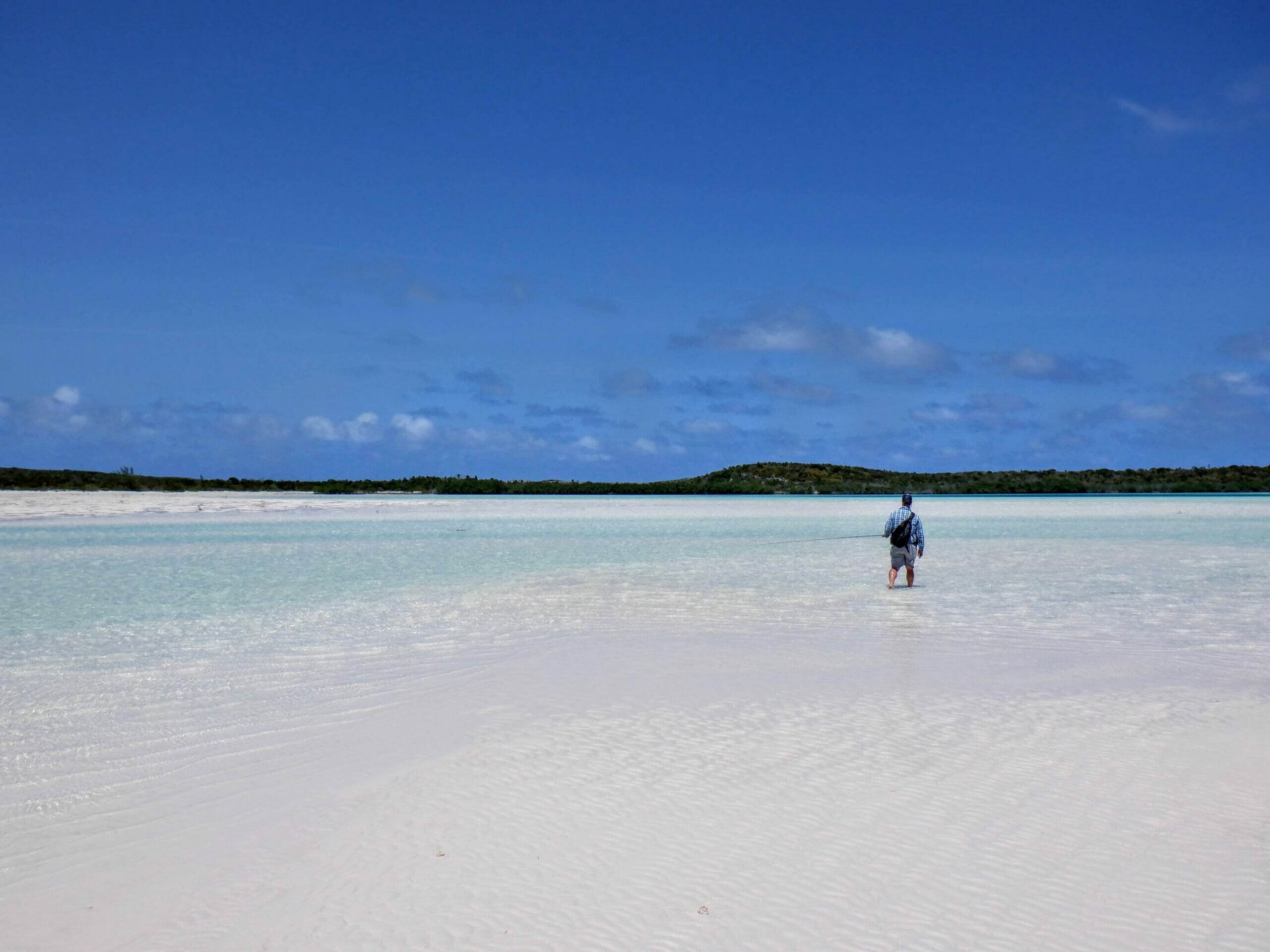 An angler walking across a Bahamian flat.