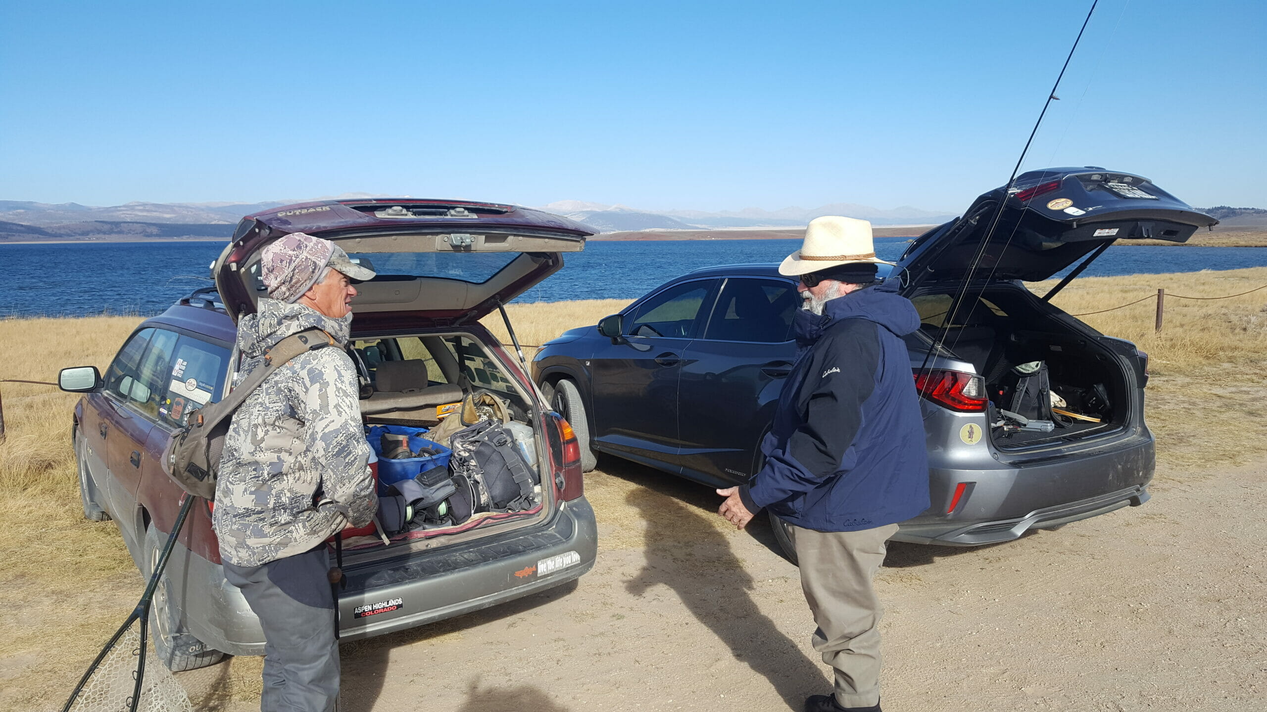 Two anglers on the banks of Antero Reservoir in Colorado.