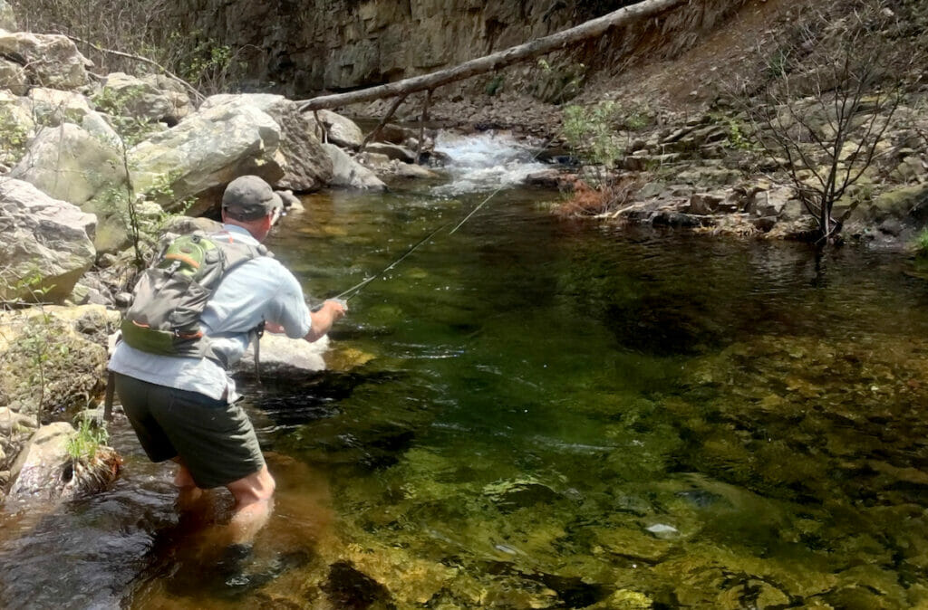 Man crouches while casting into stream