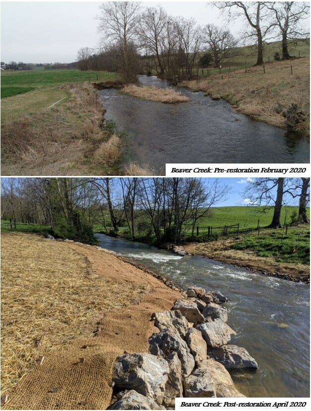 Before and after pictures of Beaver Creek, showing one bank built up with rocks, and dirt
