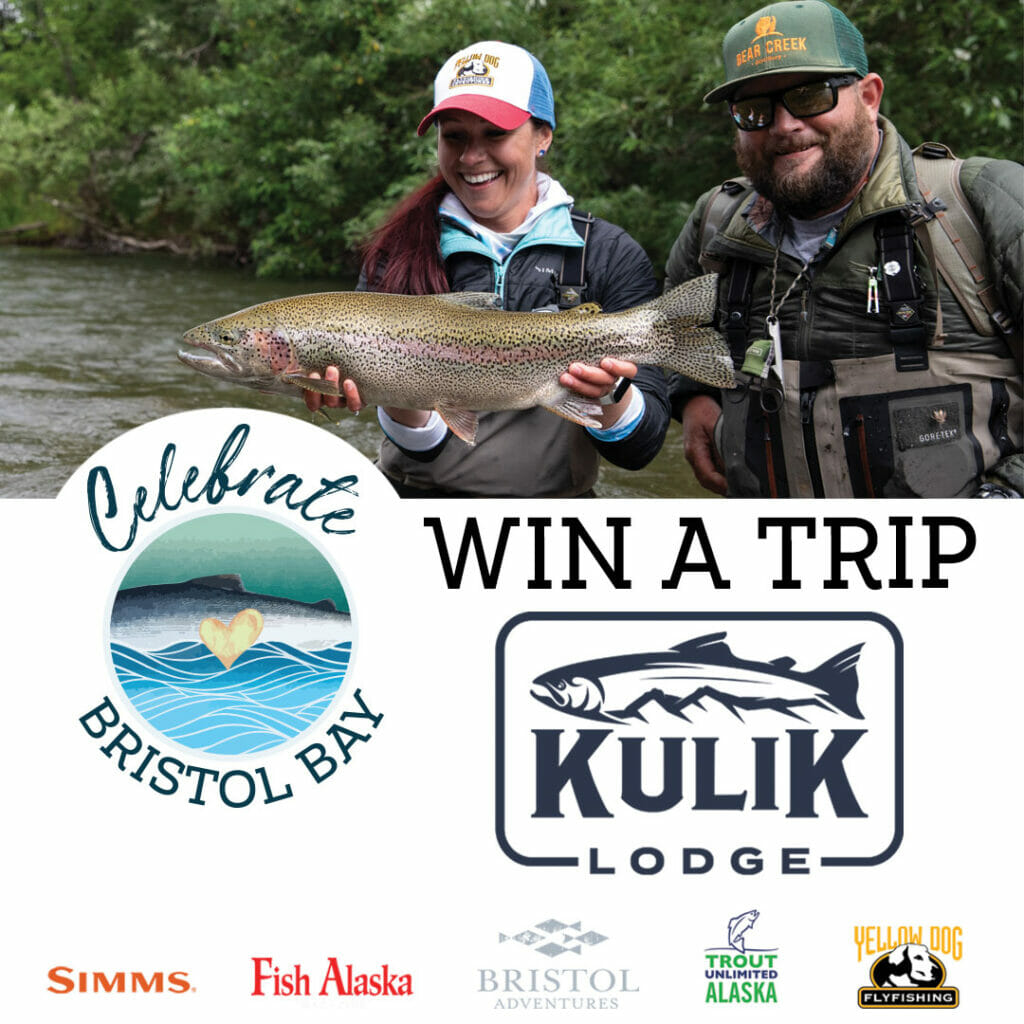 Woman holding a fish in a poster that reads Win A Trip top Kulk, Lodge in Bristol Bay, Alaska.