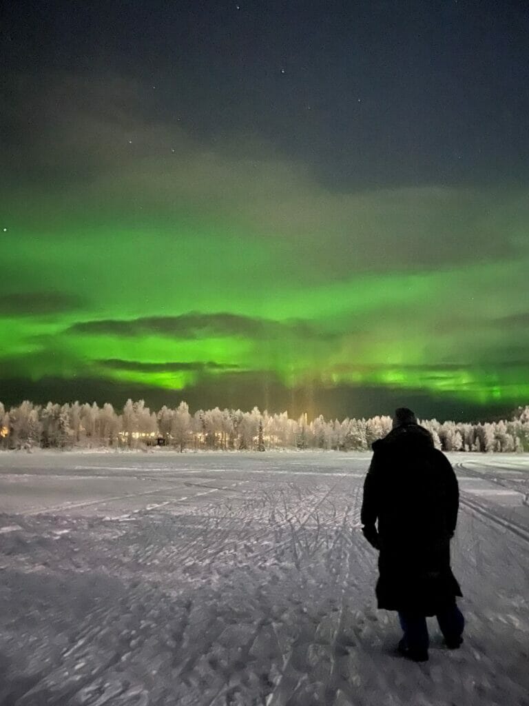 Silhouette of Eric looking at northern lights in the winter