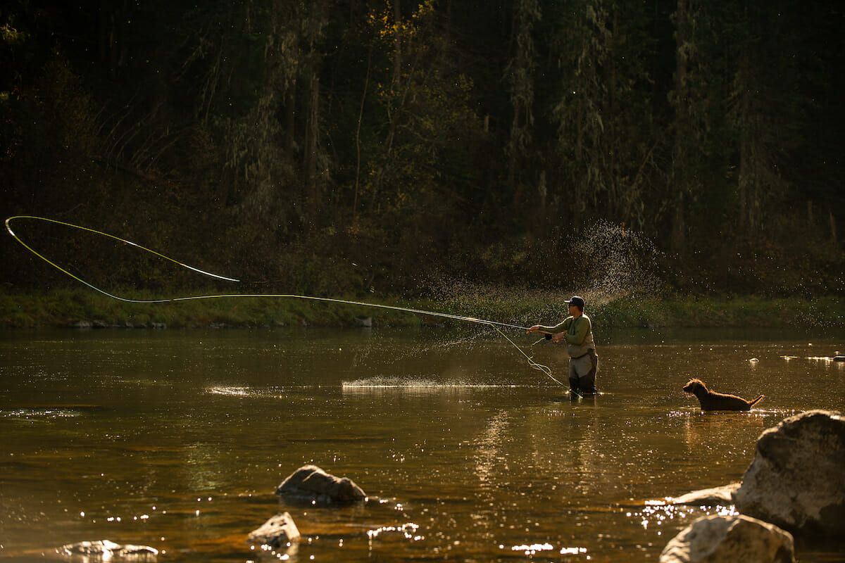 Wide shot of man casts across river while dog watches