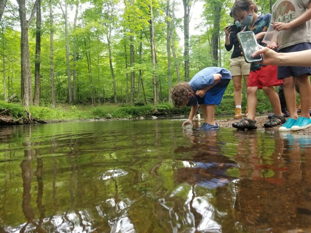 Elementary students stand next to stream while one releases a trout from a cup.