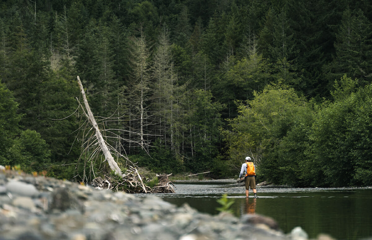 Man in the distance, facing away from camera casts into water