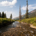 Hooded person casts away from camera down a stream