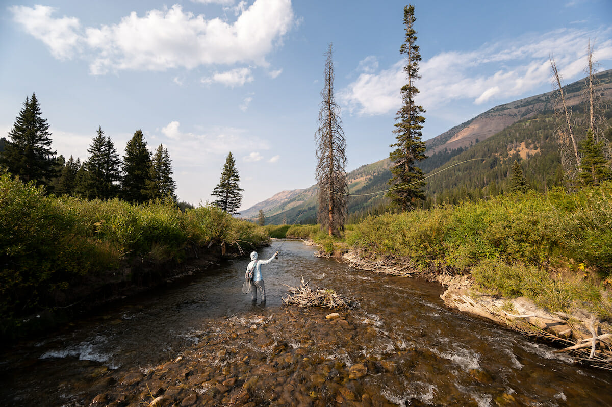 Hooded person casts away from camera down a stream