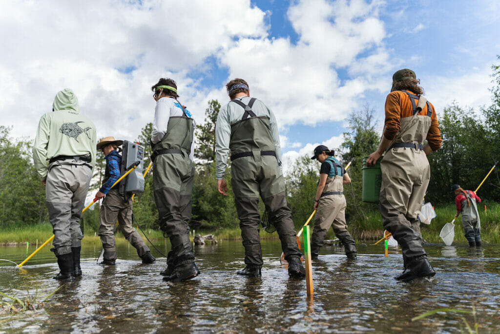 Six people in waders walk in shallow stream with nets, buckets, and Ghostbusters backpack