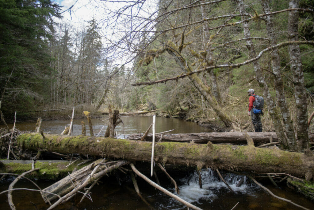 Man with backpack stands looking at river