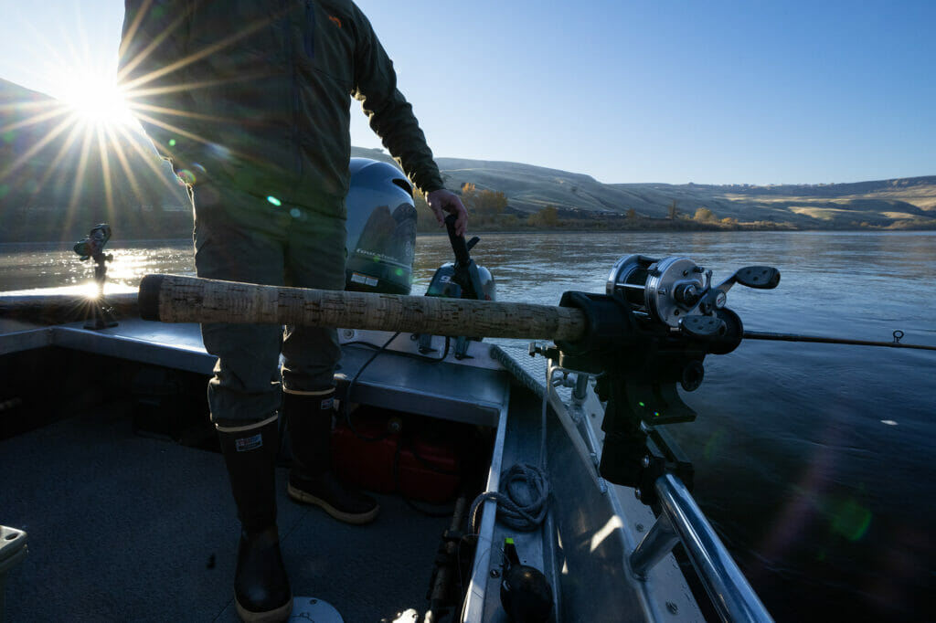 A man stands, operating a motor boat with a low sun in the background