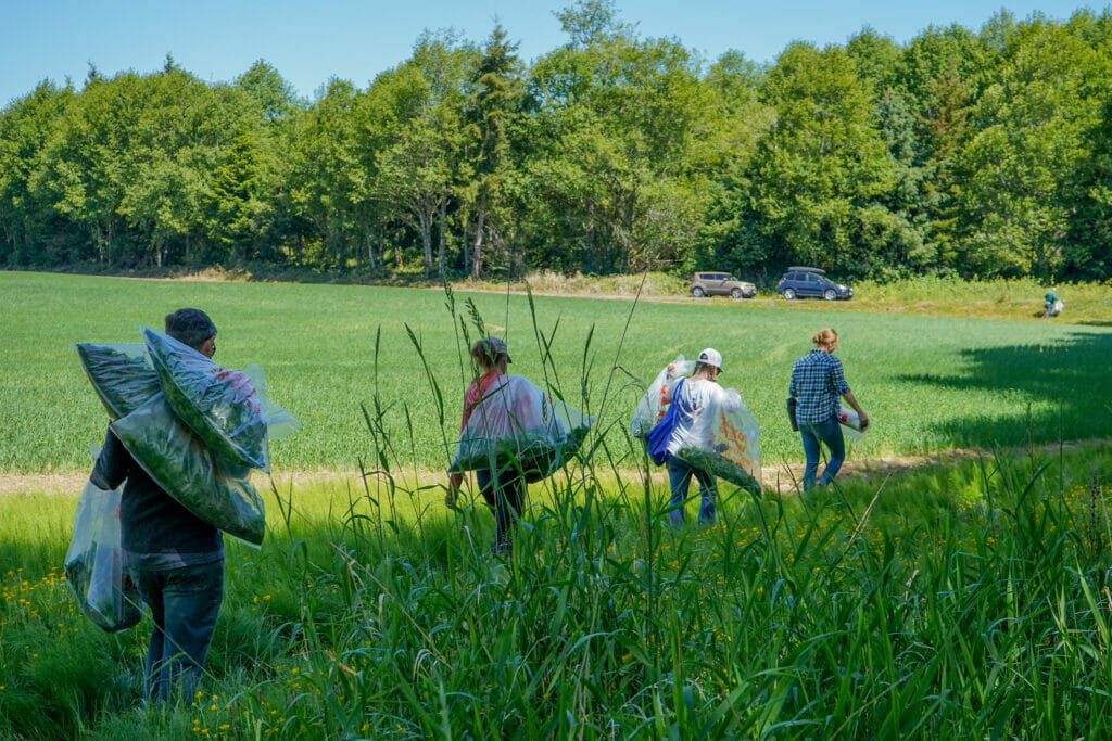 Four people with full bags leaving the woods