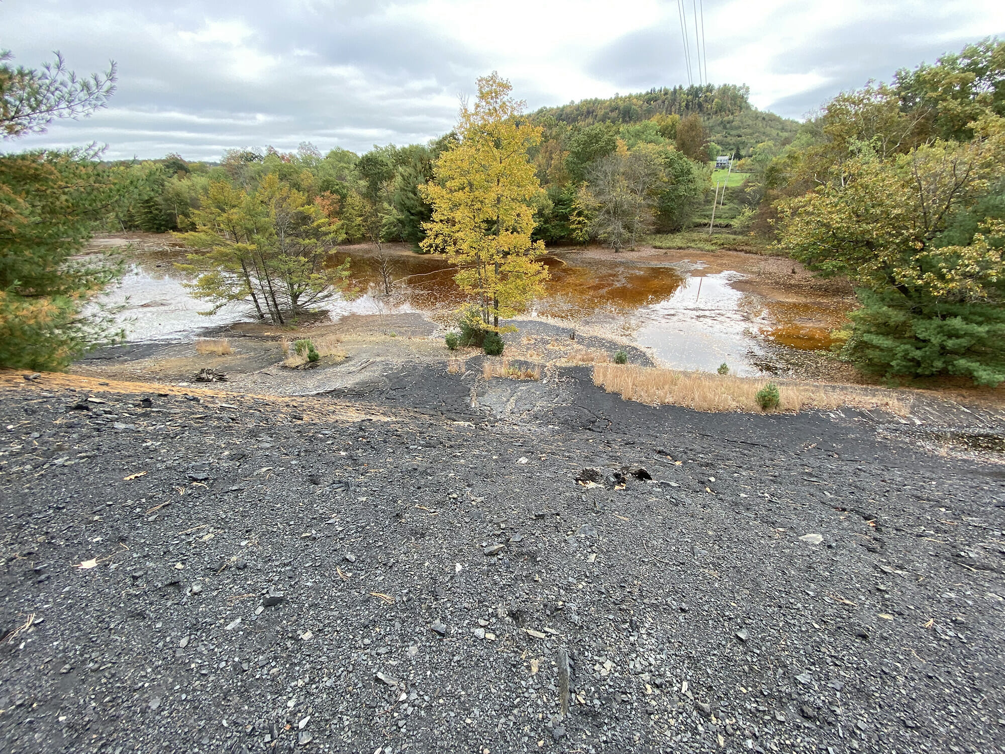 Body of water next to a hill in the fall