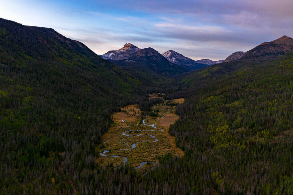 A winding river in a mountain valley