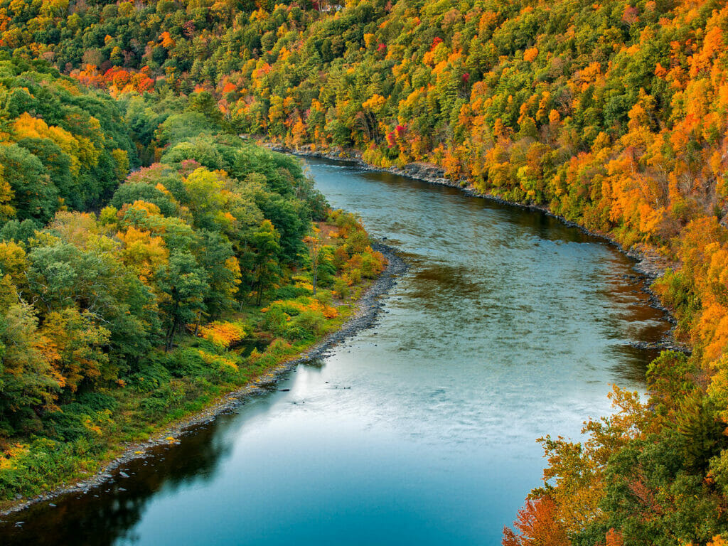 View of Upper Delaware river from high during autumn