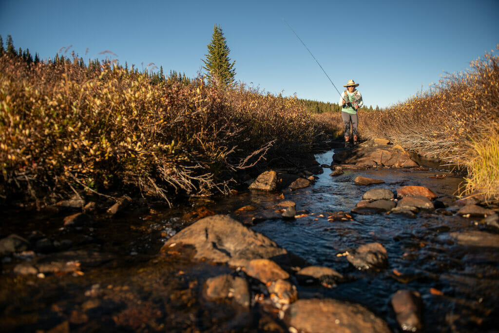 A woman fishes in a very shallow stream