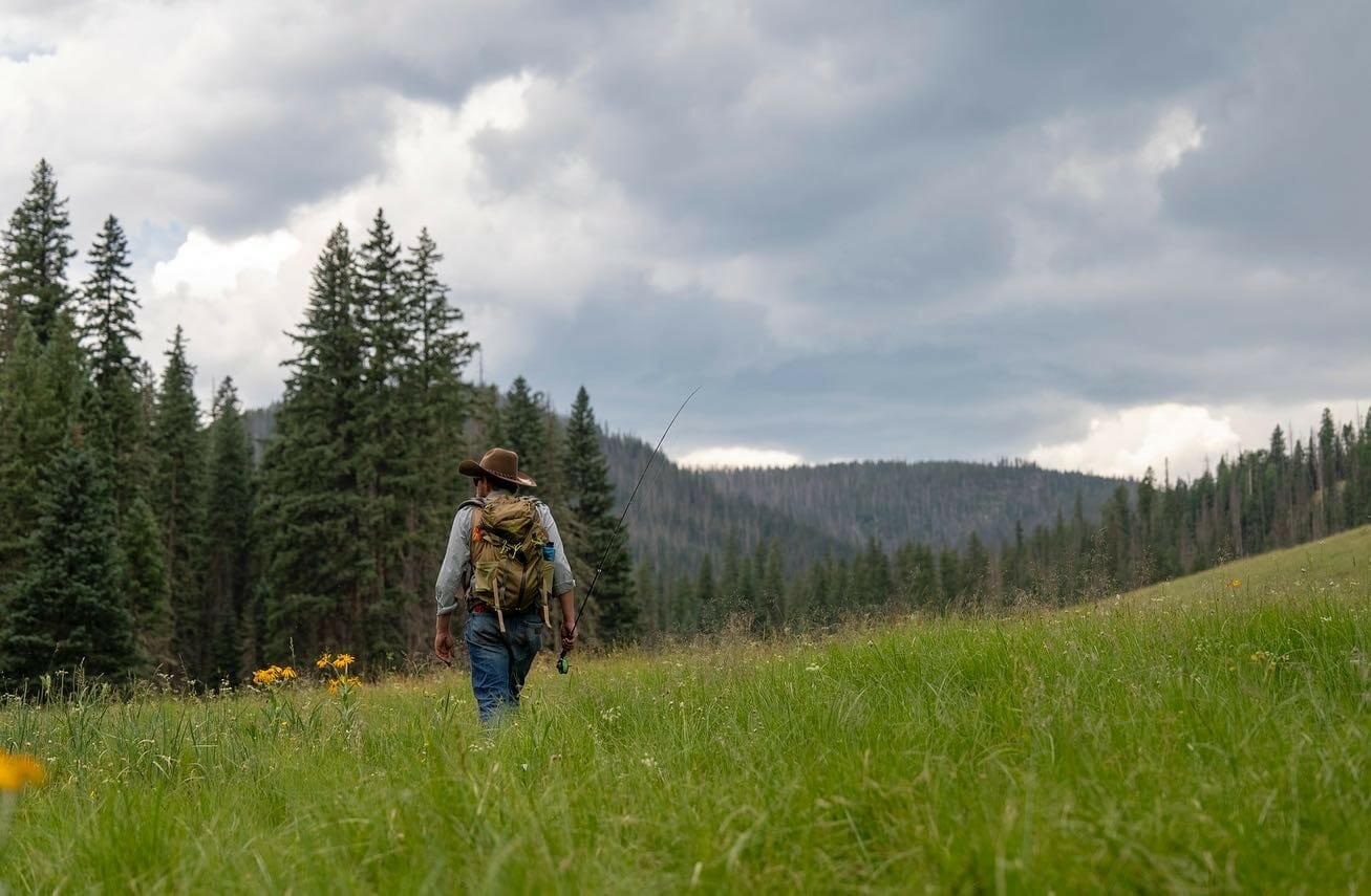 Man with a fishing pole walks through a glen towards mountains