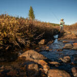 Woman fishes in a rocky stream