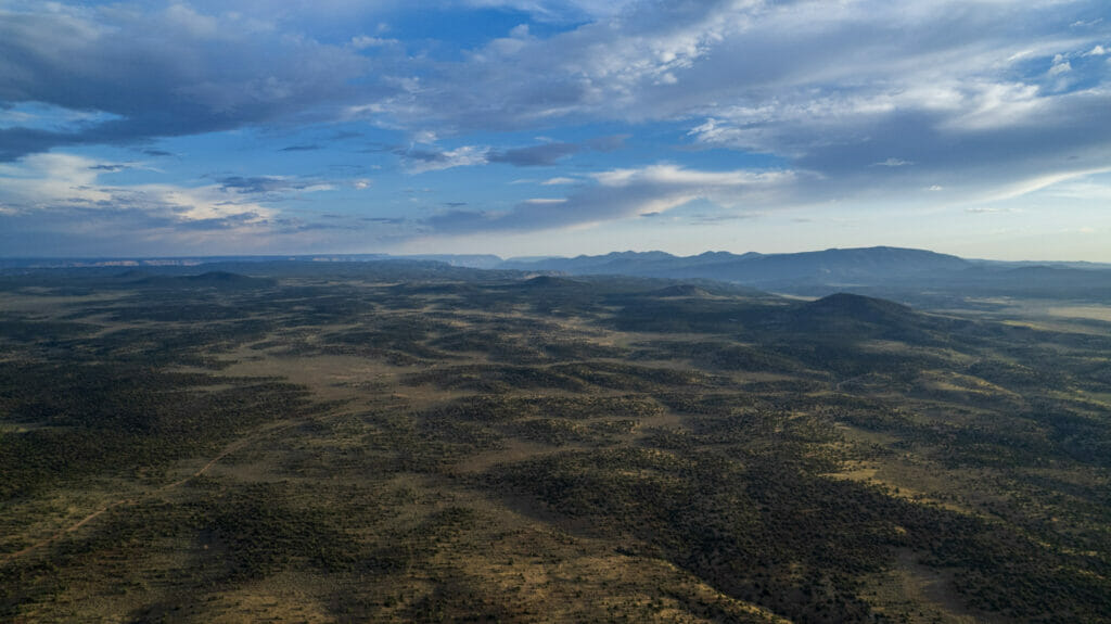 High view of rolling hills dotted with trees and mountains in the far distance