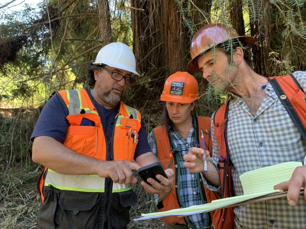 Three people in the woods with hard hats look at a phone