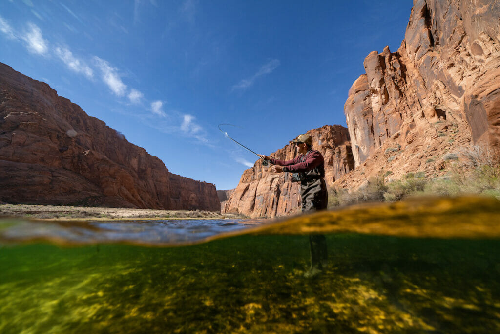 Picture partially below water level showing a man casting in a canyon