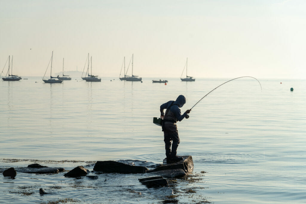 Person stands on a rock casting into the water with sail boats in the background