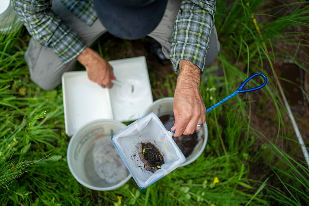 View from above of a man with a net and mud in it