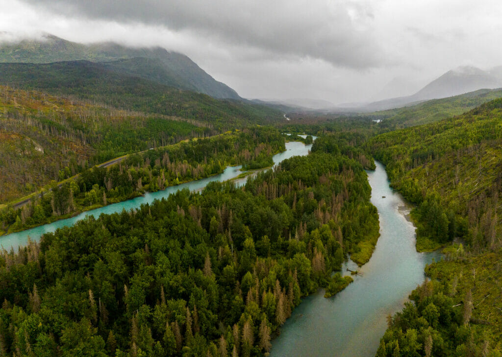 Areal view of parallel rivers in a mountainous forrest