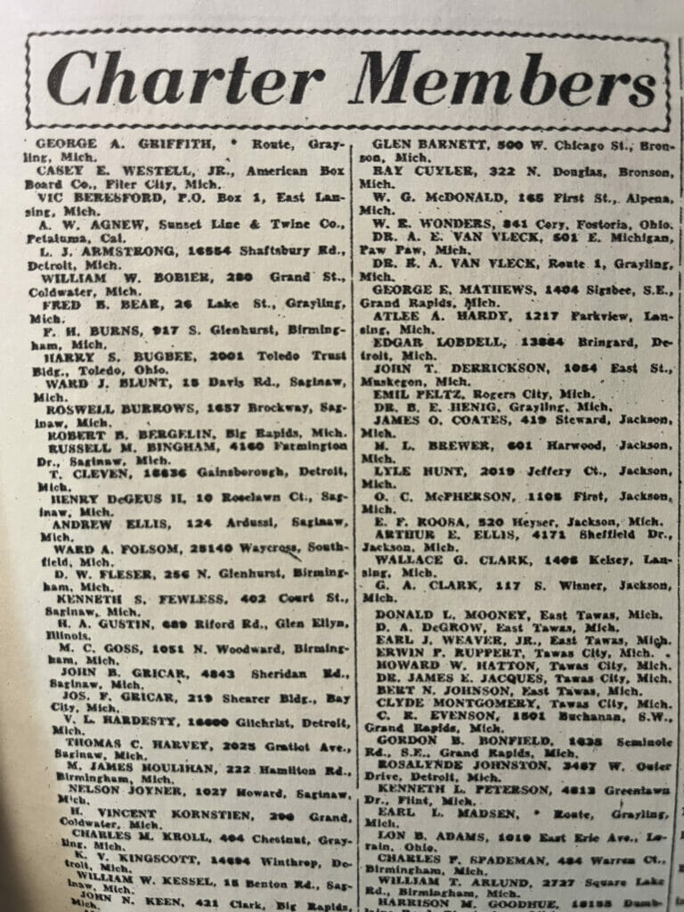 Newspaper clipping titled "Charter Members" then lists names and addresses