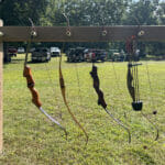 An outdoor rack holding four archery bows