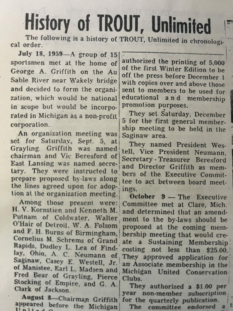 A 1959 newspaper clipping titled "History of TROUT, Unlimited"