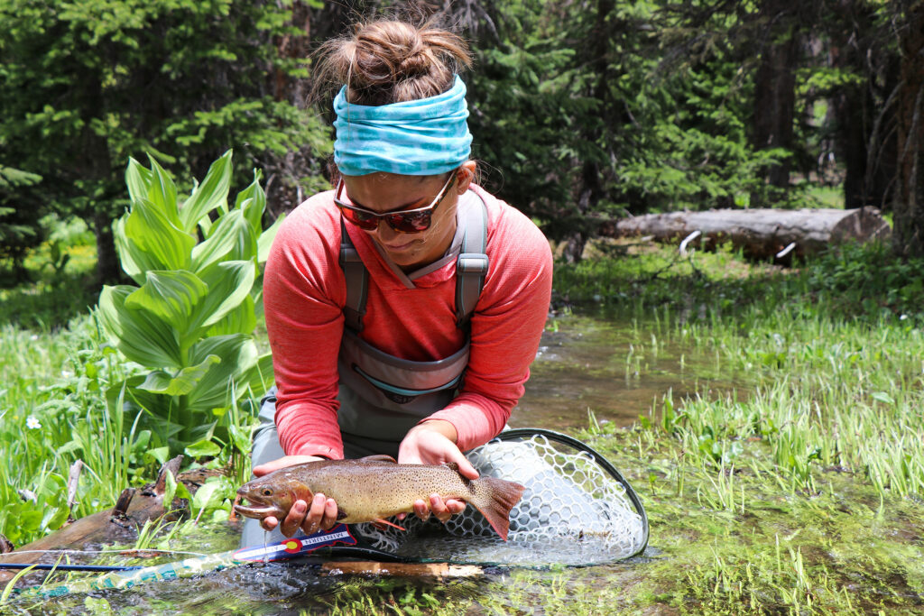 woman angler admiring her trout catch