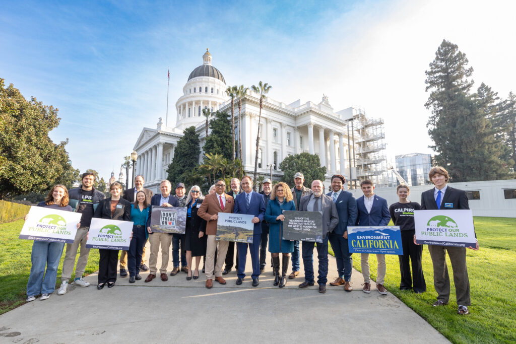 A group of supporters of AB 1624 stands in front of the California State Capitol.