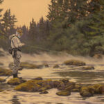 at the end painting by Bob White, portrait of John Gierach fishing