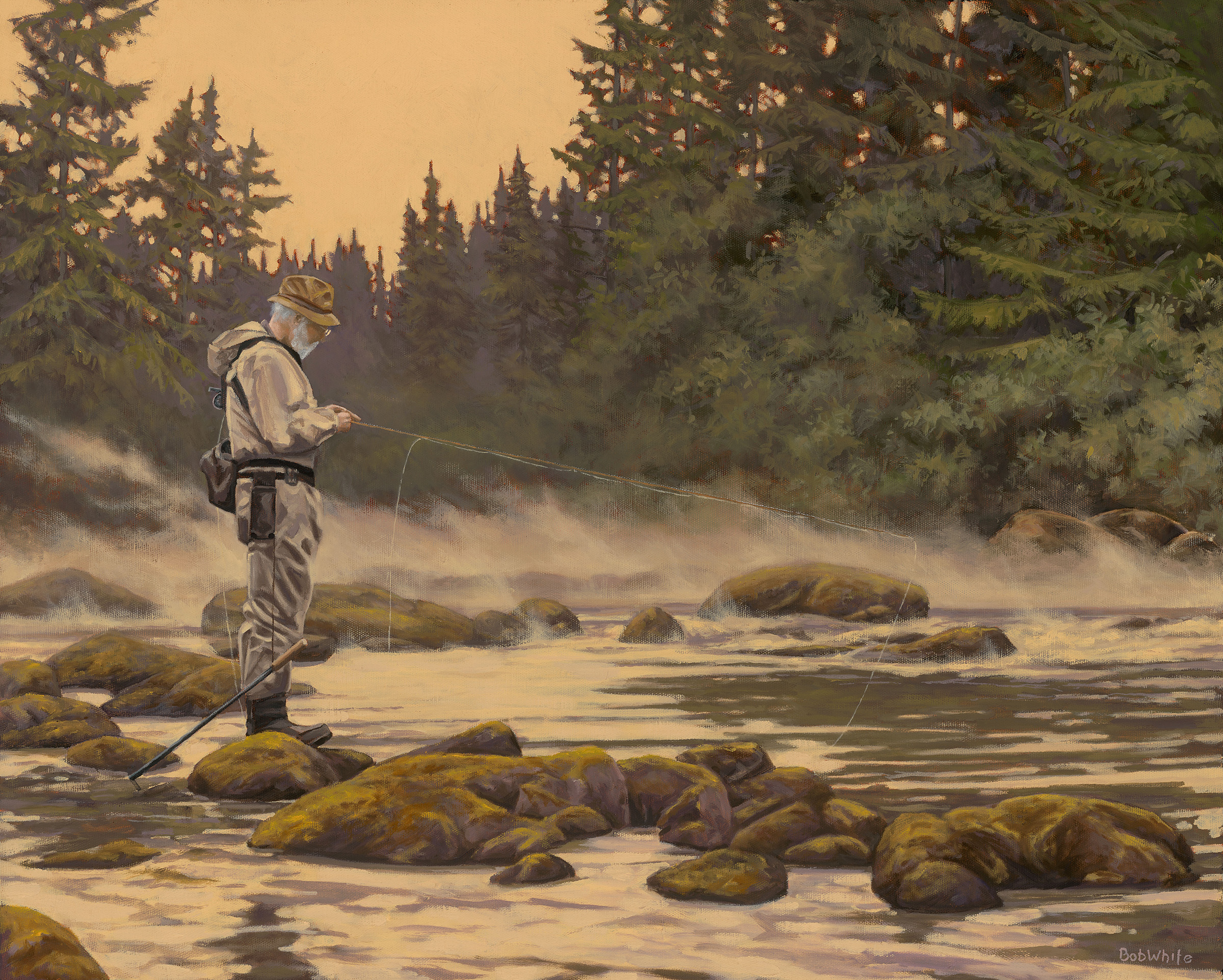 at the end painting by Bob White, portrait of John Gierach fishing
