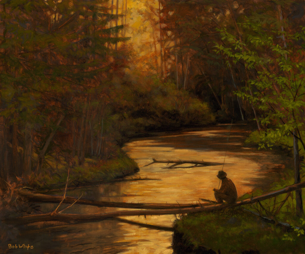 spring peepers painting by Bob White of John Gierach on the Baldwin river