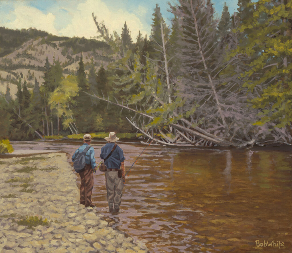 watching the water painting by Bob White of John Gierach and a friend looking over the stream