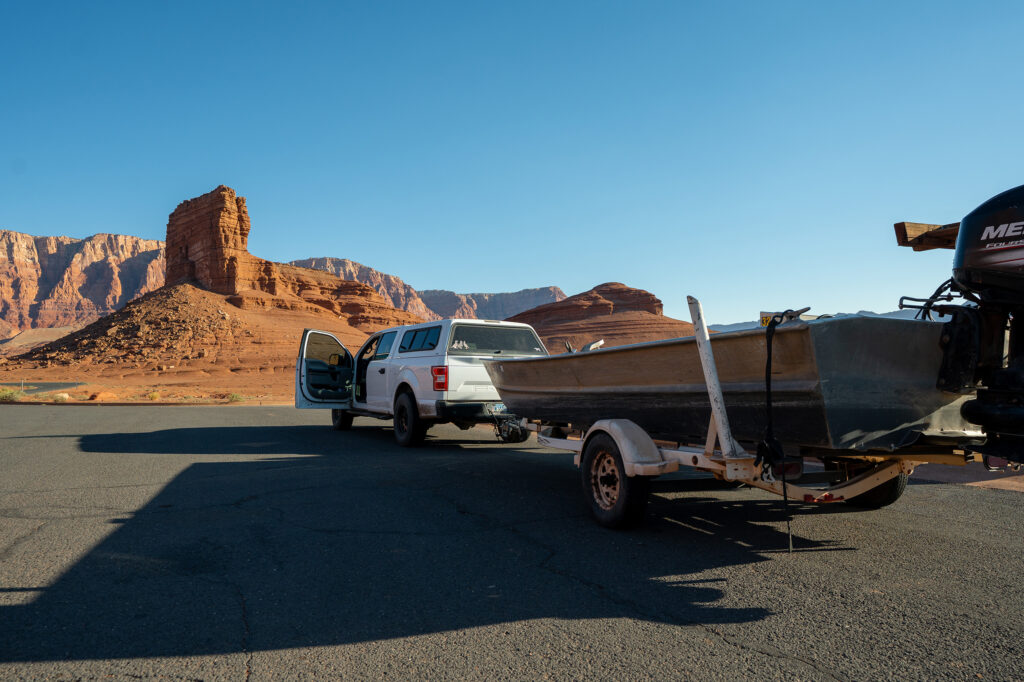 truck with boat on trailer at Lee's ferry boat landing grand canyon