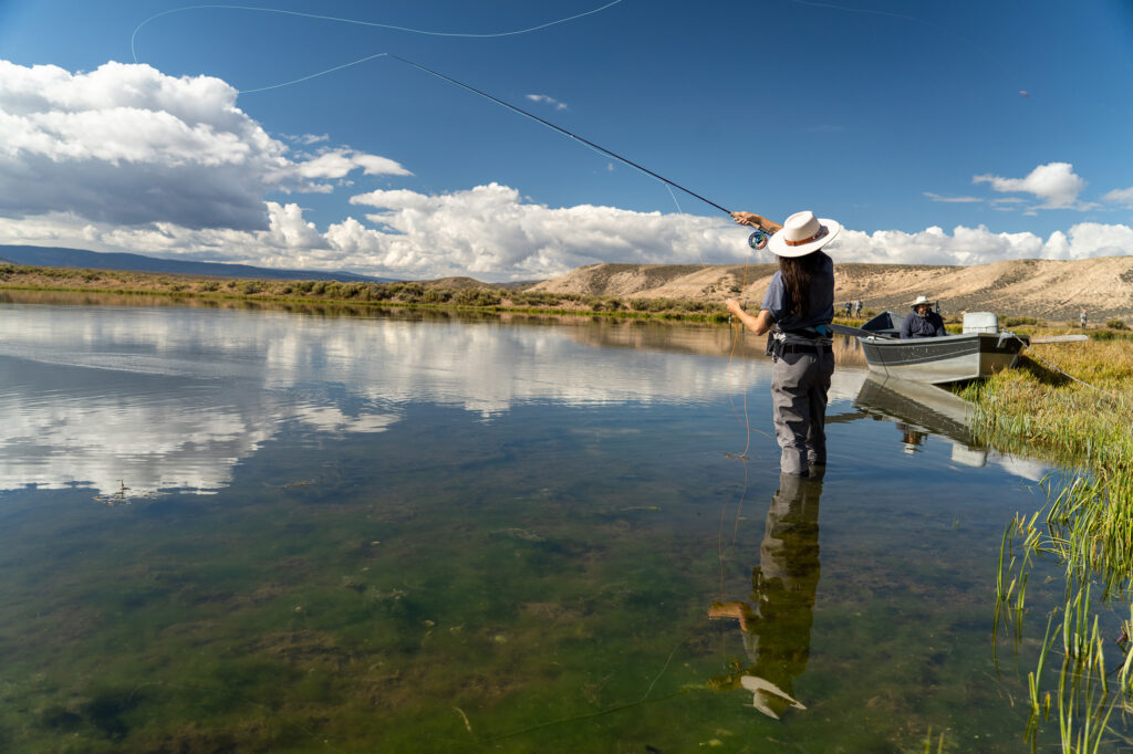fly angler watching their backcast while casting